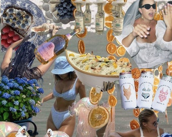 May include: A collage of images featuring a variety of summer-themed items, including a white lighthouse, a bowl of seafood, a blue swimsuit, a white swimsuit, a white robe, a white veil, a bottle of champagne, a plate of fruit, a plate of snacks, and a bag of chips. The images are arranged in a random pattern and are set against a blue and white background.