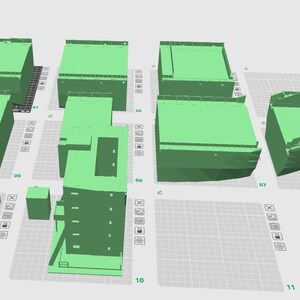 May include: A 3D rendering of a green model of a ship, likely the Titanic, with various components laid out. The model includes the hull, decks, and other architectural elements, all in a uniform green color.