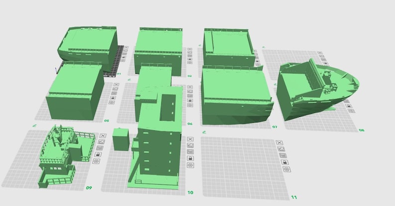 May include: A 3D rendering of a green model of a ship, likely the Titanic, with various components laid out. The model includes the hull, decks, and other architectural elements, all in a uniform green color.