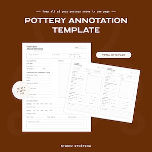 Puede incluir: Una plantilla de anotación de cerámica imprimible con secciones para detalles de la arcilla, torneado y recorte, glaseado y un área de boceto. La plantilla está diseñada para llevar un registro de los proyectos de cerámica e incluye espacio para notas y medidas. El texto "TOTAL OF 15 FILES" es visible en la parte superior de la página.