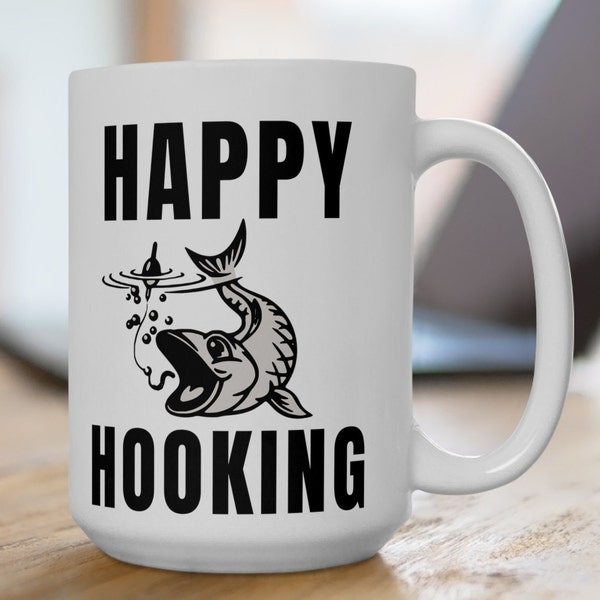 Happy Hooking fish-themed mug for the avid fisherman's morning brew angler enthusiast boat life fishing enthusiast perfect gift idea dad mom