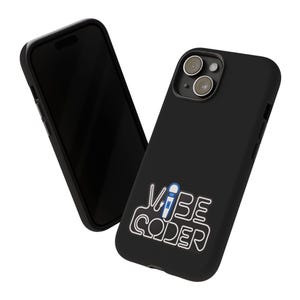 May include: A black smartphone case featuring the white outlined text VIBE CODER, where the letter I is replaced by a blue and white handheld massager graphic. The case has a cutout for a triple-lens camera system and is shown on a phone.