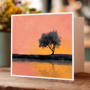 Minimalist Tree Sunset Greeting Card Nature Landscape Art Card for Birthday Anniversary Sympathy or Any Occasion