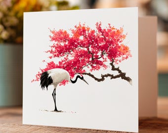 Japanese Crane Greeting Card with Red Blossom Tree Elegant Asian Bird Illustration for Birthday Sympathy or Any Occasion