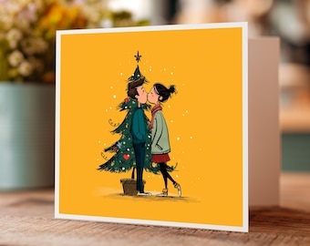 Biglietto di auguri di Natale con coppia che si bacia, cartone animato, festoso, romantico, caldo, invernale, dolce, amore, illustrazione