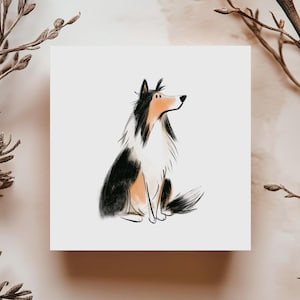 Carte chien colley assis illustration minimaliste style dessin doux et coloré carte de souhait pour anniversaire ou toute occasion