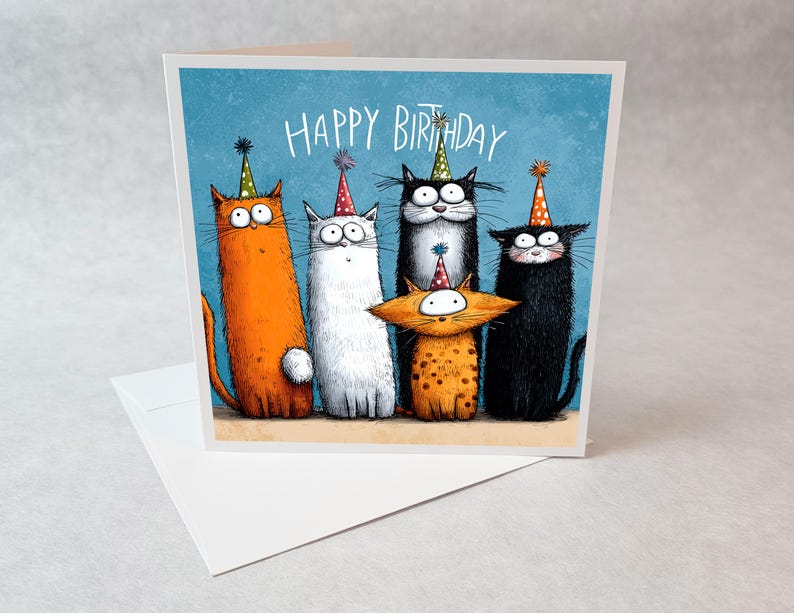 Funny Cat Birthday Card Cartoon Cute Cats in Party Hats Fun Animal ...