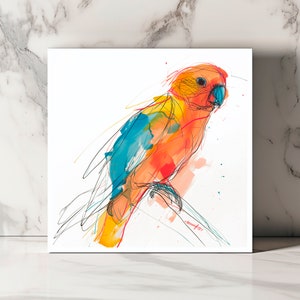 Carte de Vœux Perroquet Coloré, Aquarelle Oiseau Tropical, Souhaits d'Anniversaire, Art Plume Vivide, Note Animal Exotique