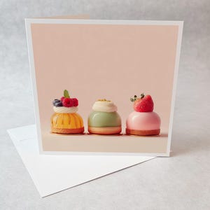 Carte pâtisseries colorées style minimaliste gourmandises élégantes sur fond pastel pour anniversaire remerciement ou toute occasion