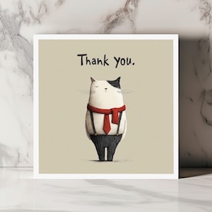Carte de remerciement chat élégant mignon avec cravate rouge illustration minimaliste vintage humour tendre pour toute occasion amicale