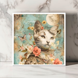Carte de Pâques Chat, Salutation Chat Printemps, Note Kitty Florale, Vœux Pâques Chat, Carte de Printemps, Cadeau Pâques Amoureux des Chats