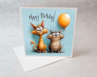 Carte anniversaire chats drôles avec ballon cartoon humour animaux rigolos carte joyeux anniversaire fun mignonne originale