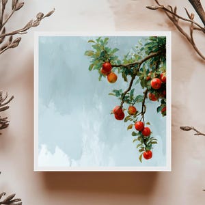 Carte de souhaits pommes rouges dans un arbre illustration style peinture naturelle et minimaliste pour automne jardin ou toute occasion