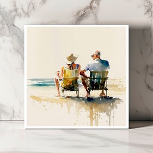 Carte de Vœux Romantique - Couple au Bord de la Mer en Aquarelle - Finition Brillante pour Anniversaires et Mots d'Amour