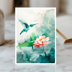 Carte Colibri Lotus, Carte Nature Aquarelle, Salutation Jardin Zen, Carte Oiseau Tranquille, Carte Florale Paisible