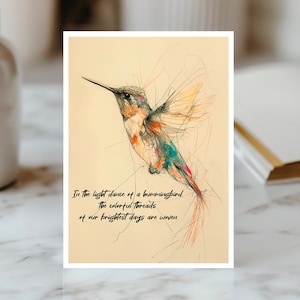 Carte de Vœux Colibri Fantaisiste Citation Poétique Carte d'Anniversaire Design Oiseau Artistique Papeterie