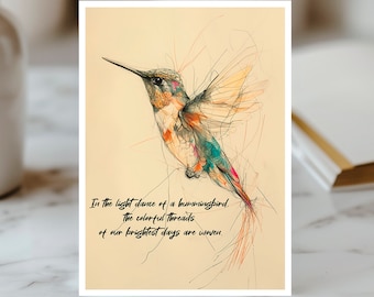 Whimsical Hummingbird Greeting Card Inspirational Poetry Quote Birthday Card Artistic Bird Design Stationery