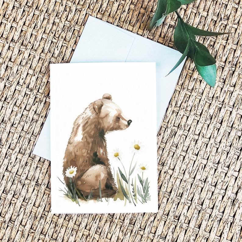 Bear Birthday Card Cute Bear Card Happy Birthday Bear Watercolor Birthday Card Floral Bear Card Unique image 2