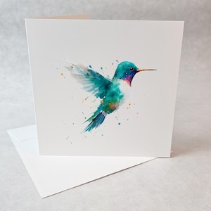 Carte de souhaits colibri en vol illustration aquarelle minimaliste artistique et colorée pour toute occasion poétique calme ou inspirante
