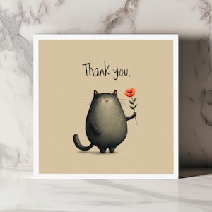 Carte de remerciement chat drôle mignon illustration minimaliste avec fleur carte artistique pour dire merci toute occasion amicale