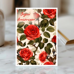 Carte Anniversaire Rose, Vœux Fleuris Joyeux Anniversaire, Note Romantique de Roses Rouges, Carte Style Vintage