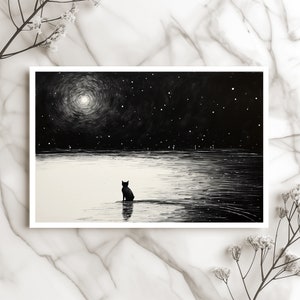Carte Chat Noir et Blanc Carte Chat au Clair de Lune Carte Ciel Nocturne Carte Nuit Étoilée Carte Artistique Unique