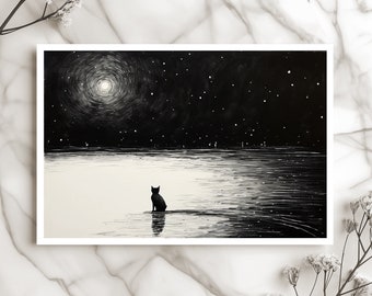 Black and White Cat Card Moonlit Cat Card Night Sky Card Starry Night Card Artistic Cat Card Unique Greeting Card