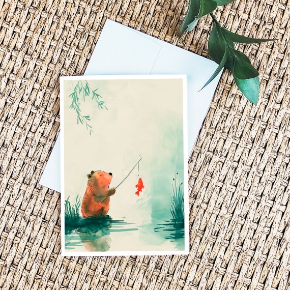 Bear Fishing Card Cute Bear Card Happy Birthday Bear Watercolor Birthday Card Unique Fishing Card