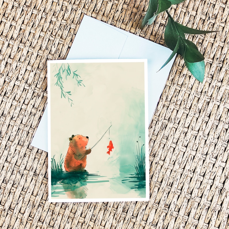 Bear Fishing Card Cute Bear Card Happy Birthday Bear Watercolor Birthday Card Unique Fishing Card image 1