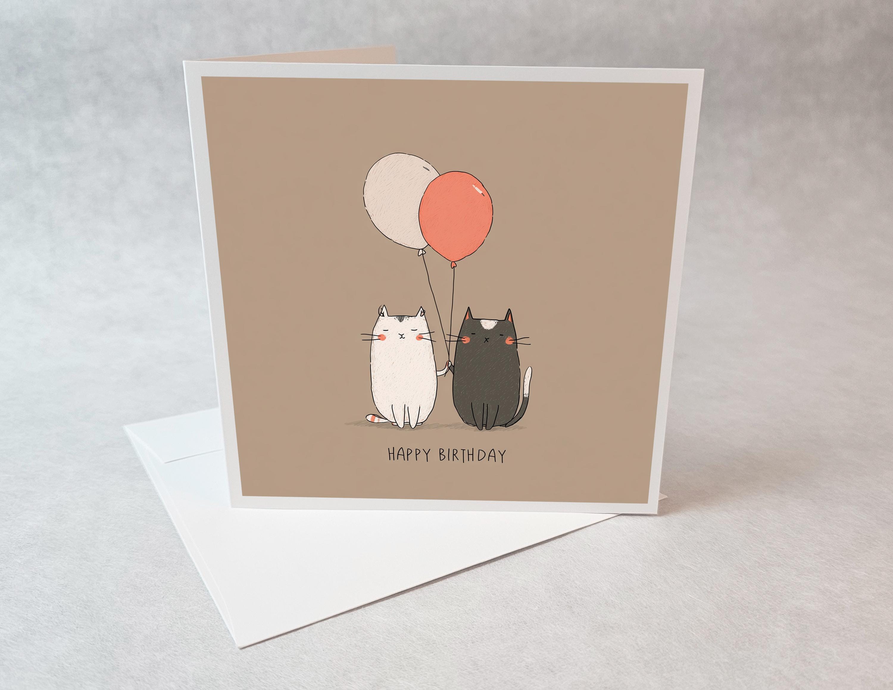 Cute Cat Birthday Card – Happy Birthday Cats With Balloons – Minimalist ...