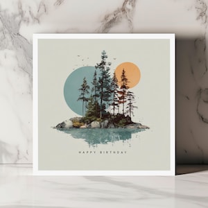 Cartão de aniversário minimalista com ilustração de floresta e lago, cartão de felicitações moderno para homens e mulheres, estilo pacífico e poético