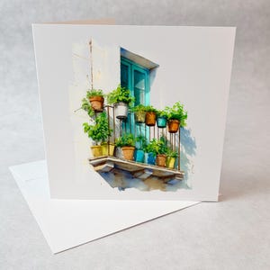 Carte balcon méditerranéen avec pots de fines herbes colorés illustration minimaliste lumineuse pour toutes occasions nature et art