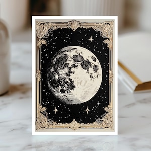 Carte Lune Élégante, Carte Univers, Carte Vintage Lune, Carte Anniversaire Lunaire, Carte Nuit Étoilée