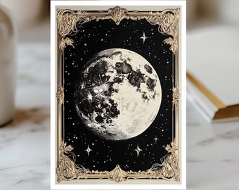 Elegant Moon Card, Celestial Universe Card, Vintage Moon Art Card, Lunar Birthday Card, Starry Night Greeting Card