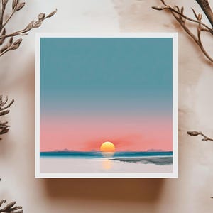 Carte de souhaits coucher de soleil sur la mer illustration pastel minimaliste ambiance calme et douce pour toute occasion poétique ou zen