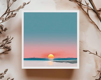 Sunset over sea greeting card pastel minimalist landscape soft and peaceful nature inspired art for birthday thank you or calm moment