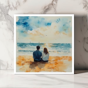 Carte Coucher de Soleil à la Plage, Carte Romantique Côte, Carte Couple et Océan, Carte Vue Mer Amour, Carte Anniversaire Bord de Mer