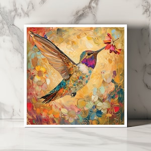 Carte Colibri et Fleurs Carte Colibri Aquarelle Carte Florale Oiseau Carte Colibri Mignon Carte d'Art Unique