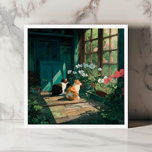 Carte de souhaits chats dans maison fleurie style ghibli ambiance chaleureuse nature calme et nostalgique pour toute occasion poétique