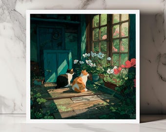 Tarjeta de felicitación con gatos en una cabaña floral, arte inspirado en Ghibli, escena natural acogedora para cumpleaños, agradecimiento o cualquier momento tranquilo y reflexivo.
