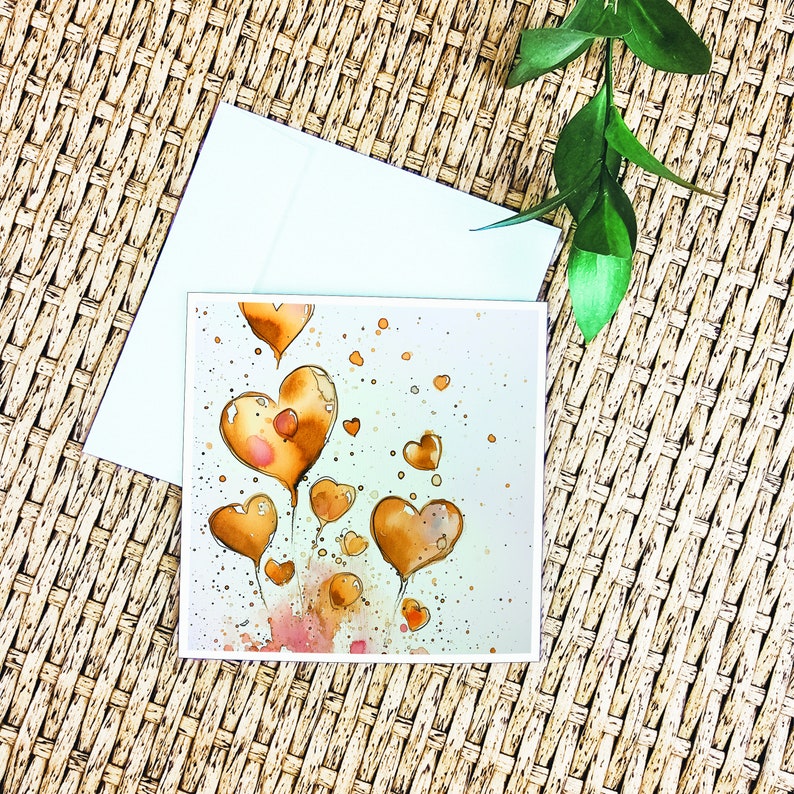 Tarjeta de felicitación con corazones flotantes, globos de amor de acuarela, perfecta para ocasiones especiales, incluye sobre. imagen 2