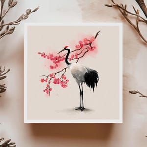 Carte grue japonaise et cerisier carte minimaliste élégante oiseau asiatique illustration fleurie pour anniversaire ou toute occasion