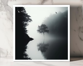 Misty Lake Greeting Card Black and White Nature Card Reflective Water Card Blank Monochrome Card Unique Calm Card Serene Landscape Card