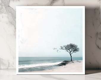 Minimalistyczna kartka z pozdrowieniami z plaży, karta sztuki nadmorskiej, samotne drzewo, karta nad morzem, pusta karta oceaniczna, wyjątkowa karta natury, karta spokojnej plaży