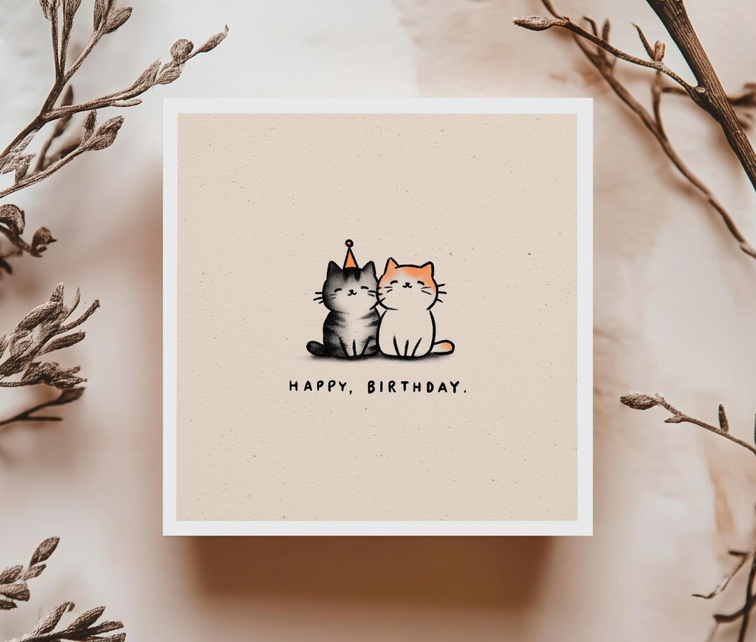 Cat Birthday Card Minimalist Happy Birthday Card Cute Cat Greeting Card ...
