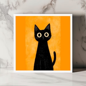Carte chat noir vintage fond orange carte artistique minimaliste chat stylisé drôle carte graphique pour anniversaire ou toute occasion