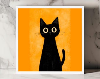 Tarjeta vintage de gato negro sobre fondo naranja, divertida ilustración felina de estilo artístico minimalista para cumpleaños o cualquier ocasión especial.