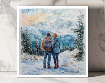 Mountain Adventure Greeting Card, Couple Hiking Card, Winter Scenic Greeting Card, Nature Lover Card, Adventure-Themed Card