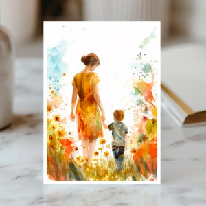 Carte Étreinte Maternelle, Aquarelle Mère Enfant, Joyeuse Fête des Mères, Amour Mère et Fils, Moments Précieux Carte