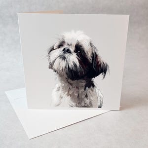 Carte de souhaits de Shih tzu, illustration réaliste et minimaliste style affectueux et graphique pour toute occasion et amoureux de chiens.